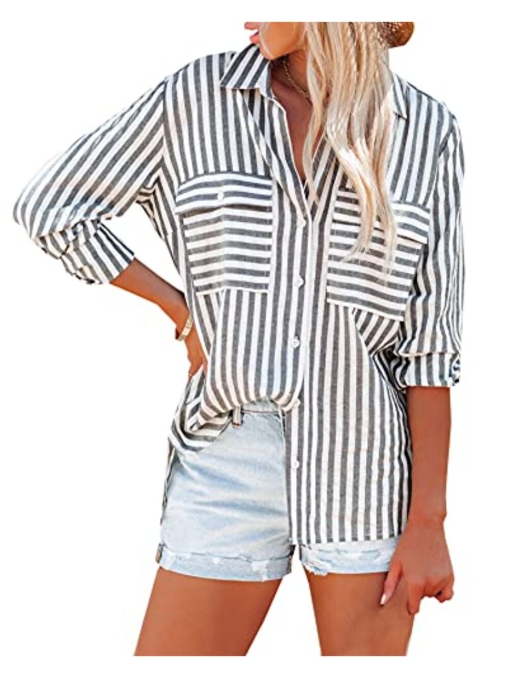Women's Striped Button Down Shirt Long Sleeve V-Neck Blouse with Pocket